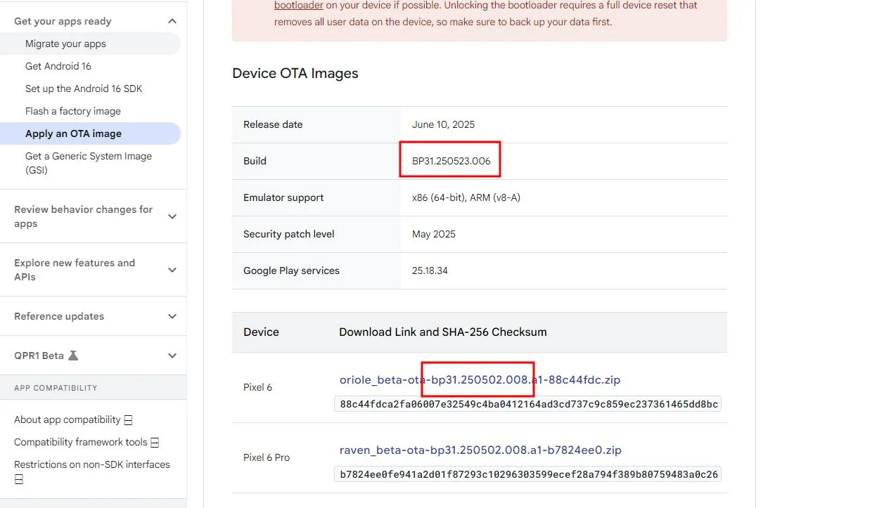 Ảnh chụp màn hình trang web Android Developers cho thấy sự khác biệt phiên bản tệp OTA Android 16 QPR1 Beta 2.
