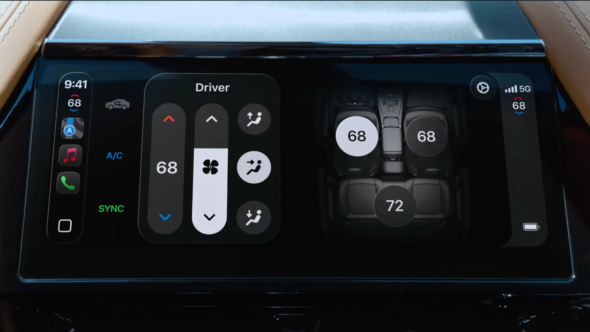 Apple CarPlay Ultra với các nút điều khiển chức năng ô tô như điều hòa và ghế ngồi hiển thị trên màn hình.