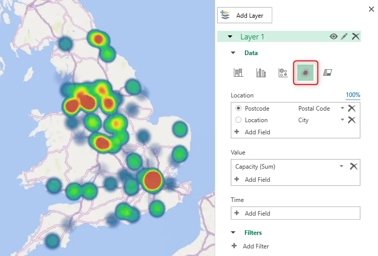 Bản đồ 3D của các sân vận động bóng đá ở Vương quốc Anh trong Excel được hiển thị dưới dạng bản đồ nhiệt, cho thấy mật độ các điểm dữ liệu theo màu sắc thay vì cột hoặc bong bóng.