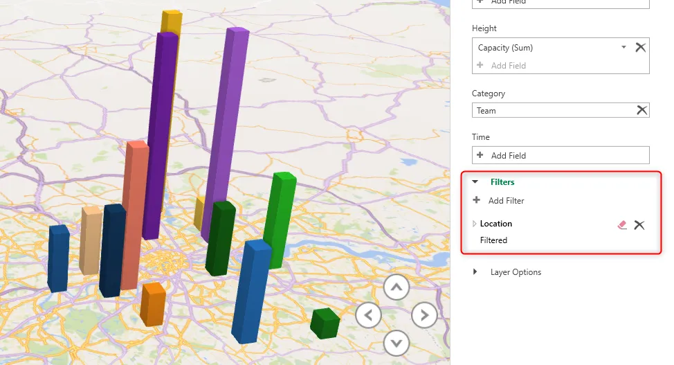 Bản đồ 3D trong Excel được lọc để chỉ hiển thị các sân vận động ở khu vực London, Vương quốc Anh, minh họa cách áp dụng bộ lọc dữ liệu địa lý trong 3D Map.