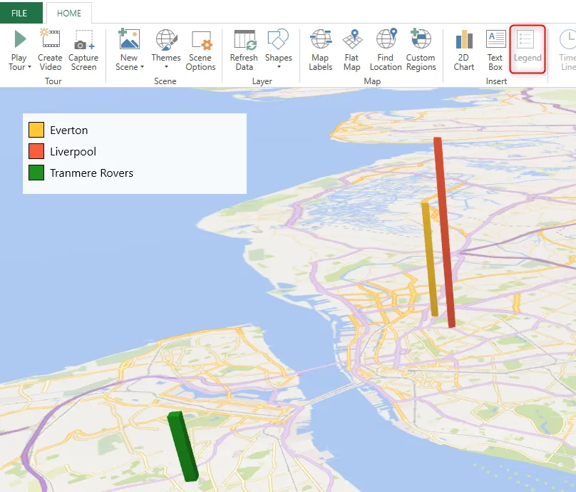 Bản đồ 3D trong Excel hiển thị các sân vận động bóng đá ở Merseyside, Vương quốc Anh, kèm theo chú giải chi tiết tên các đội bóng, giúp người xem hiểu ý nghĩa màu sắc trên bản đồ.