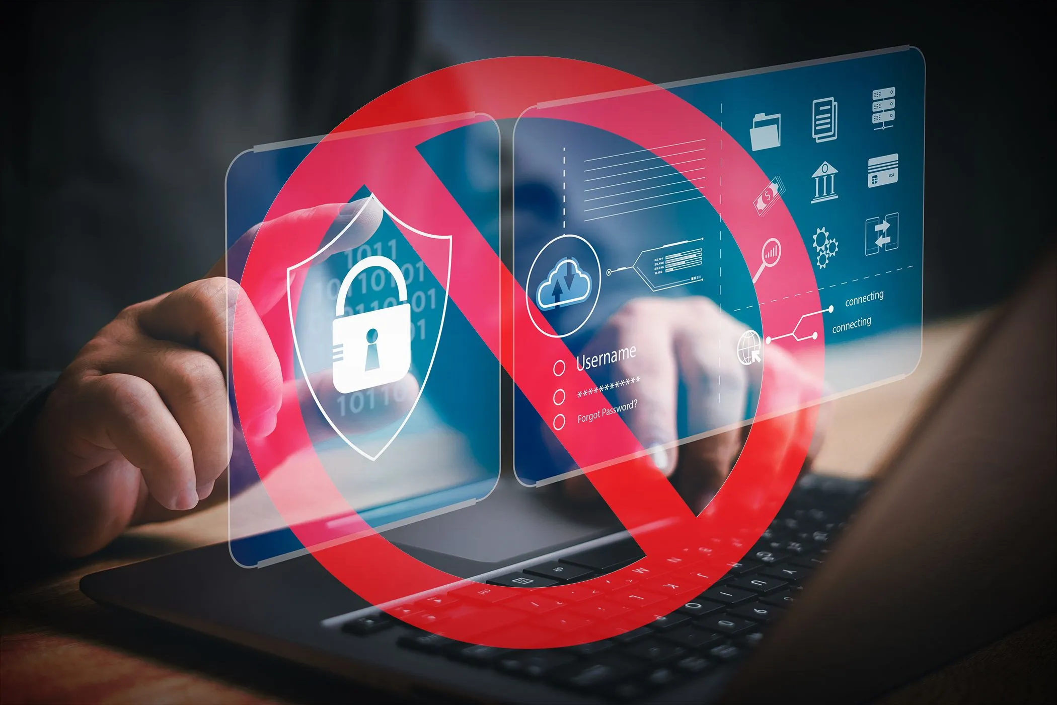 Biểu tượng cấm màu đỏ chồng lên các icon bảo mật trên màn hình laptop, thể hiện việc kiểm soát truy cập và bảo vệ dữ liệu cá nhân khi self-host
