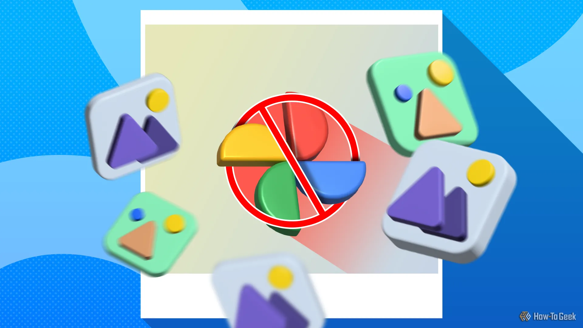 Biểu tượng Google Photos bị gạch chéo với các hình thu nhỏ xung quanh, thể hiện sự thay thế cho dịch vụ lưu trữ ảnh của Google.