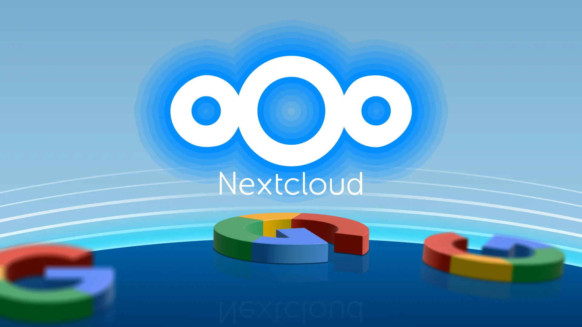 Biểu tượng Nextcloud và một số biểu tượng Google rải rác, tượng trưng cho việc thay thế Google Drive bằng Nextcloud.