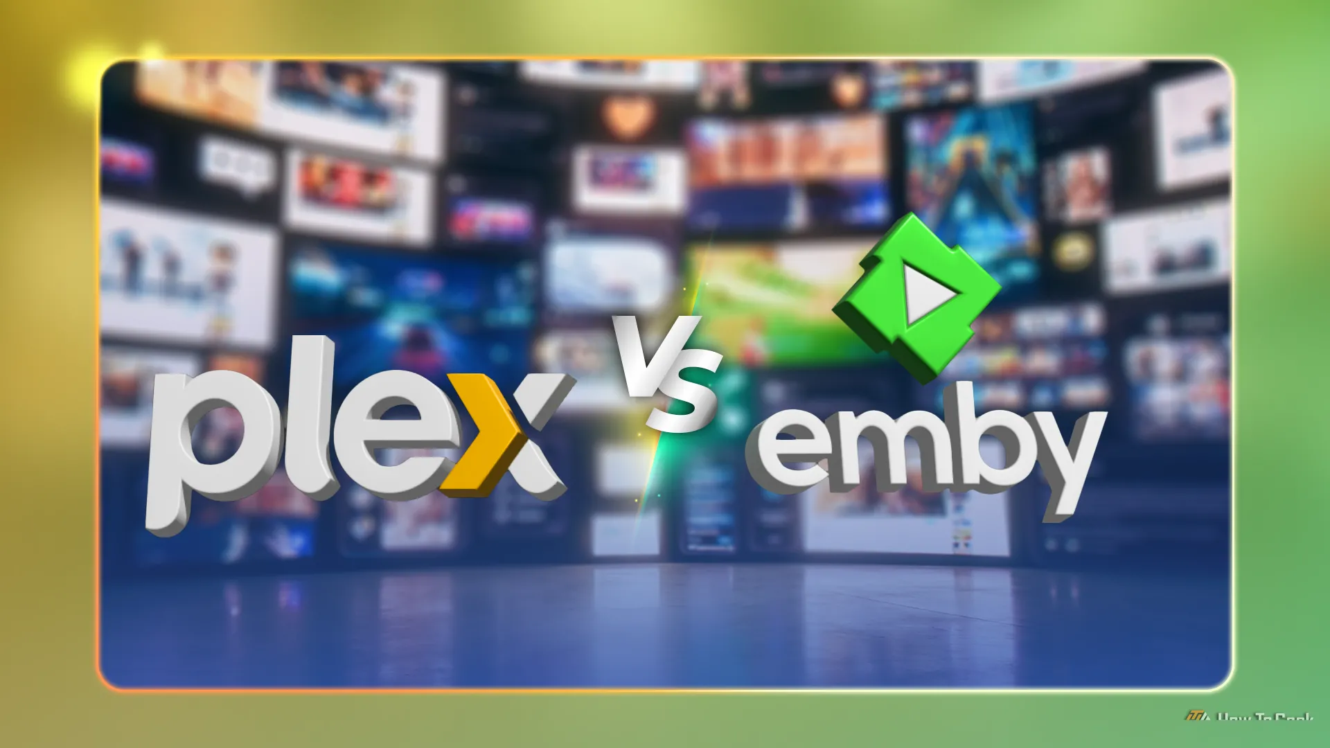 Biểu tượng Plex và Emby cạnh nhau với chữ &quot;vs&quot; ở giữa, và các màn hình bị làm mờ phía sau, minh họa sự lựa chọn giữa hai máy chủ truyền thông phổ biến.
