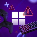 Biểu tượng Windows giữa tay cầm và bàn phím, kèm các dấu hiệu cảnh báo về vấn đề chơi game.