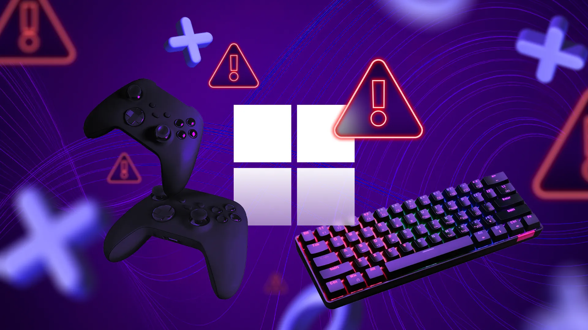 Biểu tượng Windows giữa tay cầm và bàn phím, kèm các dấu hiệu cảnh báo về vấn đề chơi game.