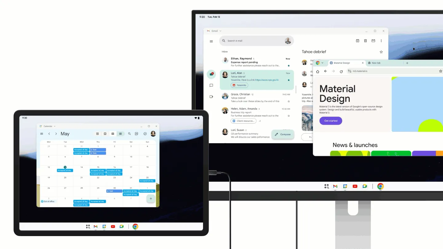 Chế độ desktop trên Android cho phép mở nhiều cửa sổ ứng dụng cùng lúc, ví dụ như Google Chrome.