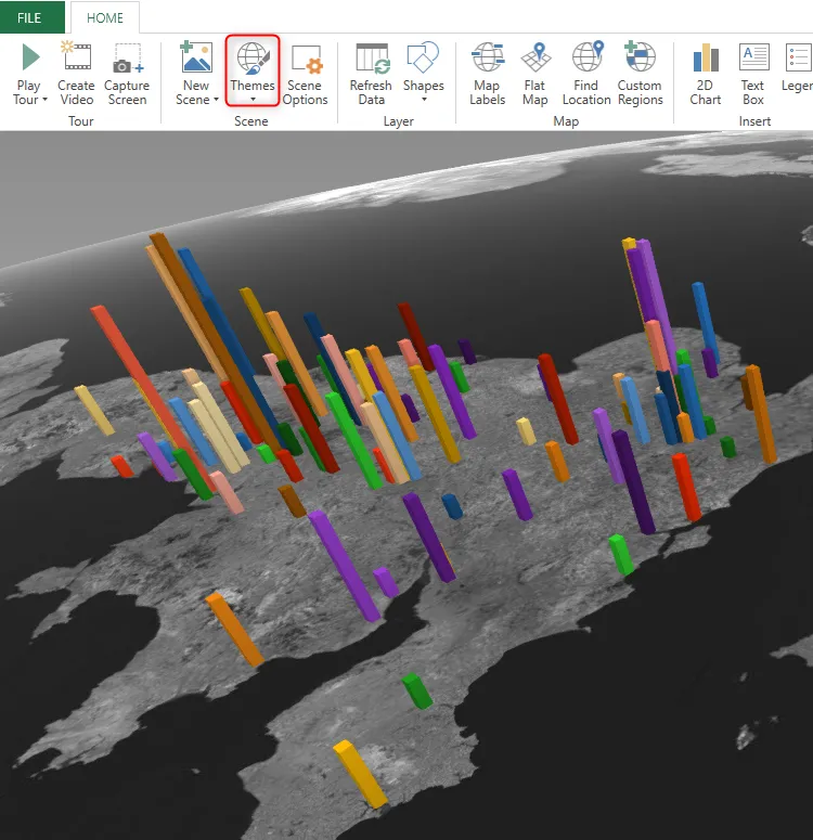 Chủ đề bản đồ 3D Aerial Dark được chọn trong Microsoft Excel, minh họa cách thay đổi giao diện tổng thể của bản đồ để cải thiện khả năng hiển thị dữ liệu.