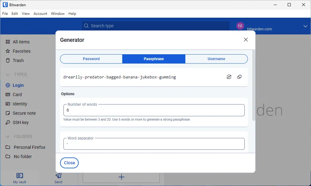 Công cụ tạo mật khẩu mạnh (passphrase) tích hợp trong Bitwarden