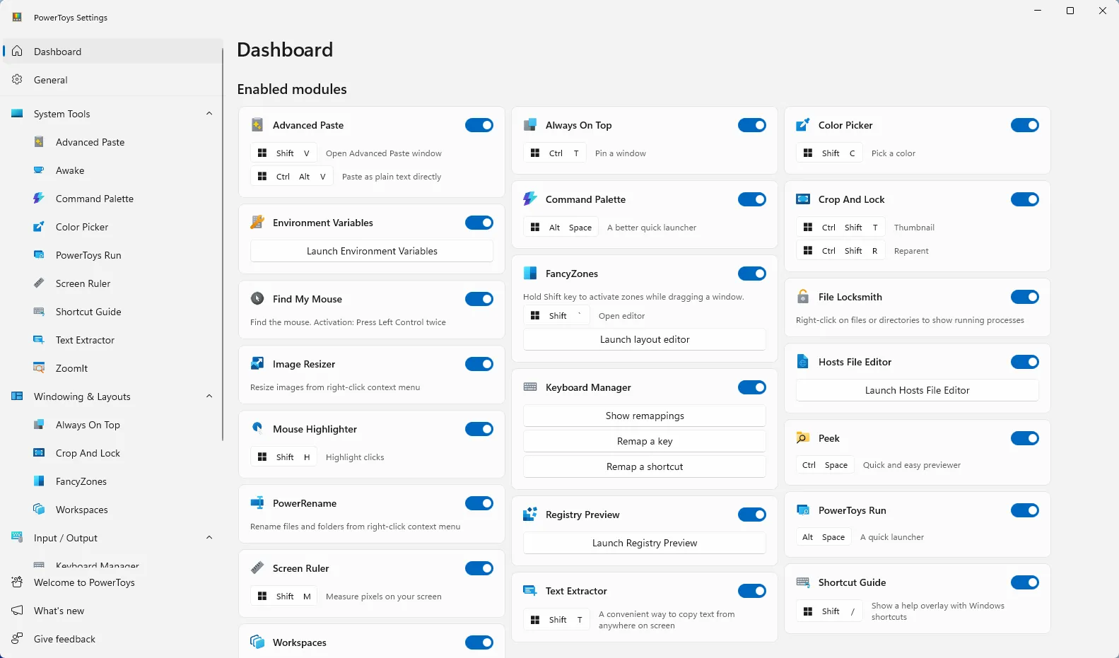 Cửa sổ cài đặt đầy đủ các tiện ích trong Microsoft PowerToys