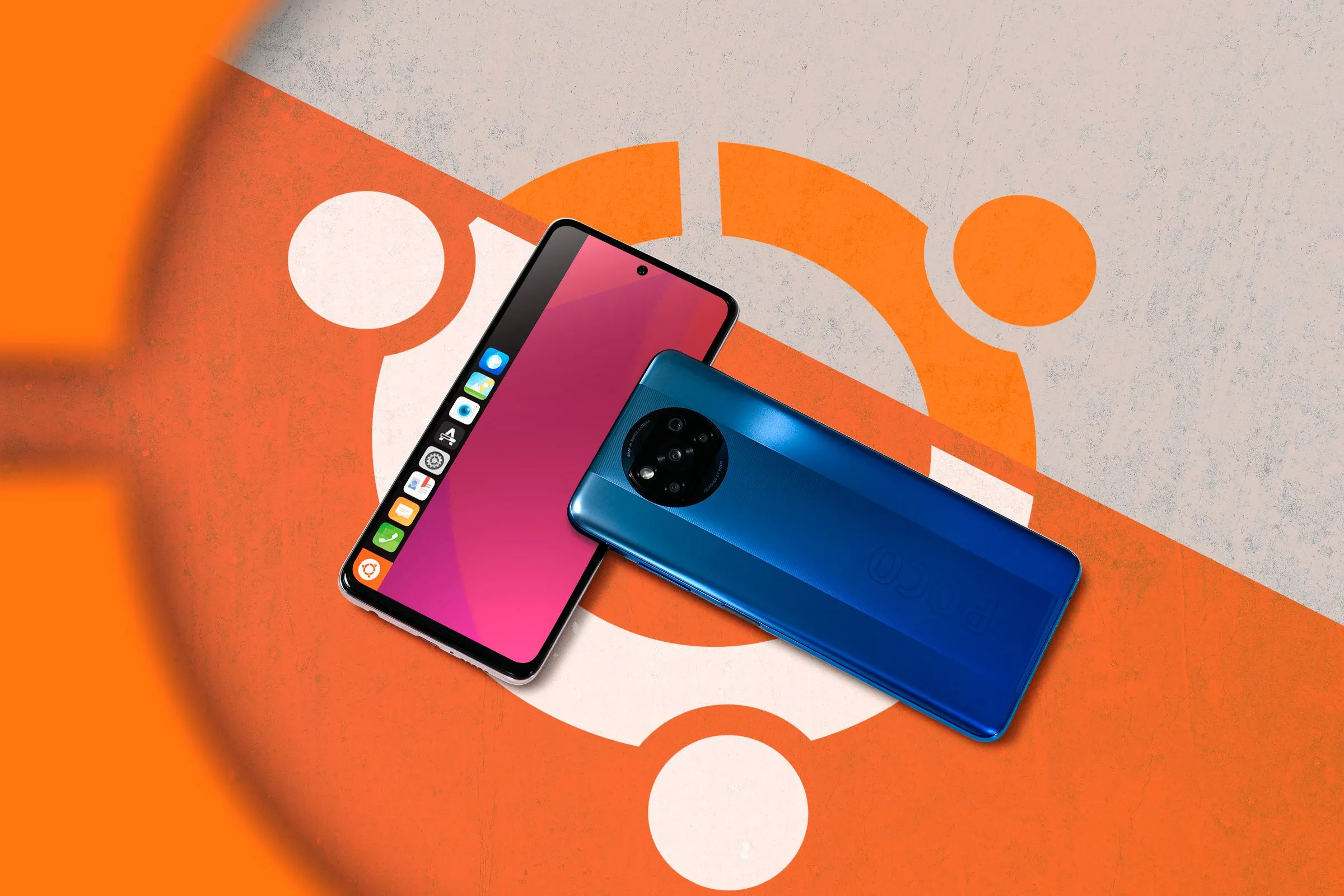 Điện thoại chạy hệ điều hành Ubuntu Touch với logo Ubuntu nền.