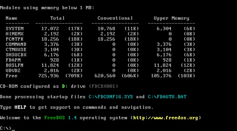Dòng lệnh prompt của FreeDOS tại console