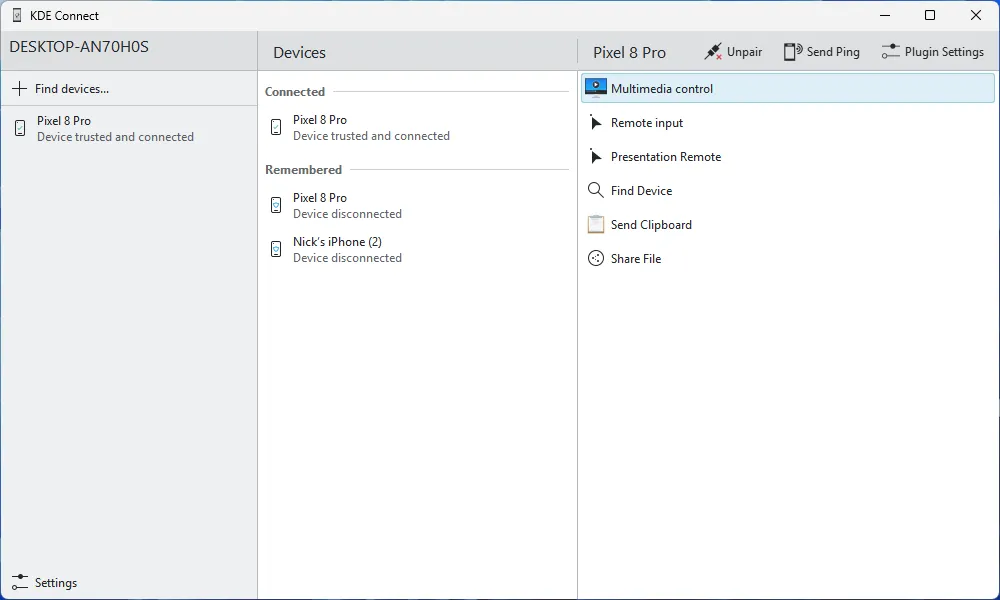 Giao diện chính của ứng dụng KDE Connect trên Windows