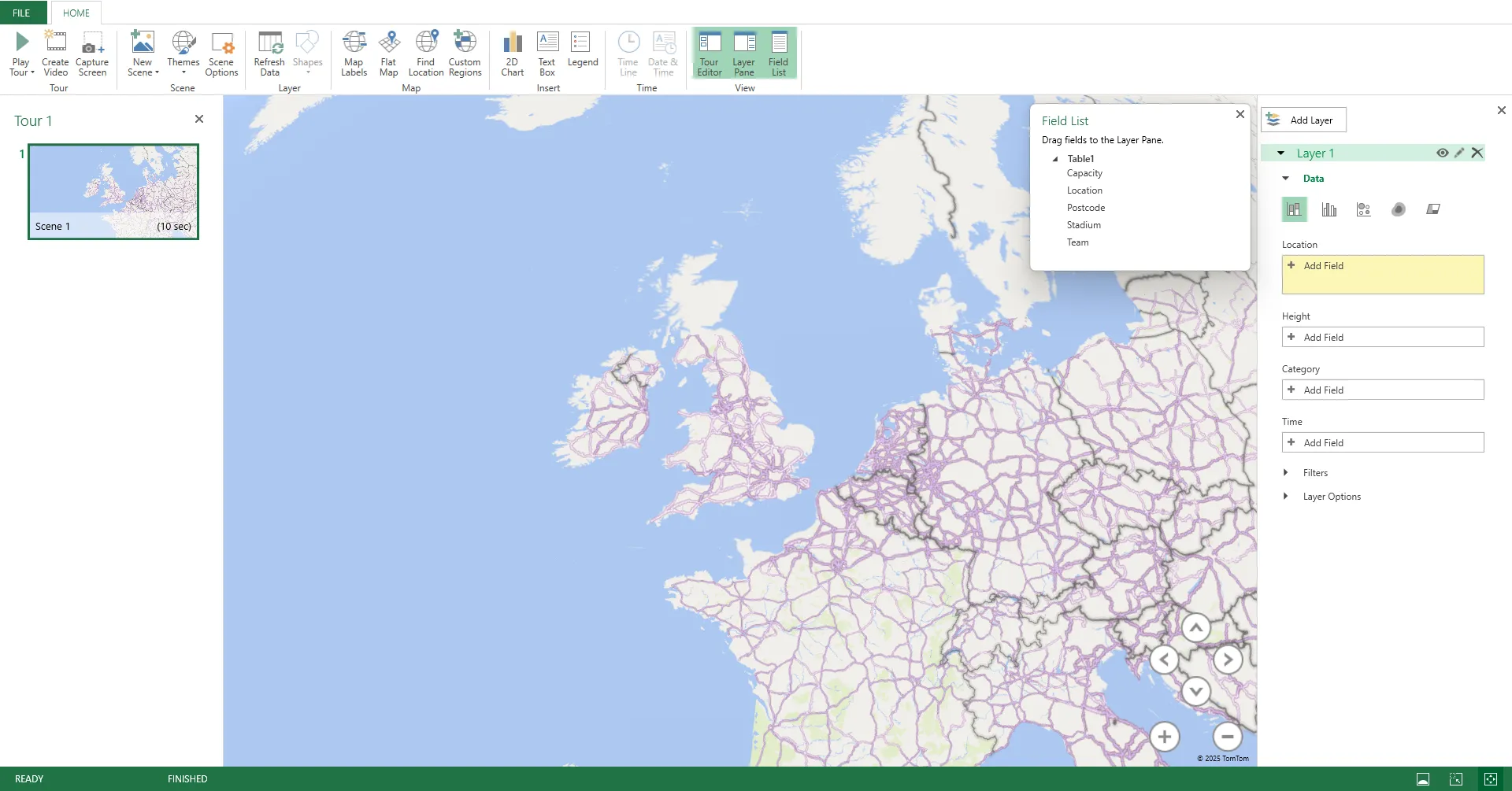 Giao diện cửa sổ 3D Map trong Microsoft Excel, hiển thị các thành phần chính như Tour Editor, Layer Pane, Field List và Map Area.
