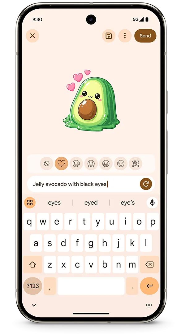 Giao diện Pixel Studio trên Gboard cho phép người dùng Pixel tạo sticker AI từ văn bản hoặc ảnh trên điện thoại