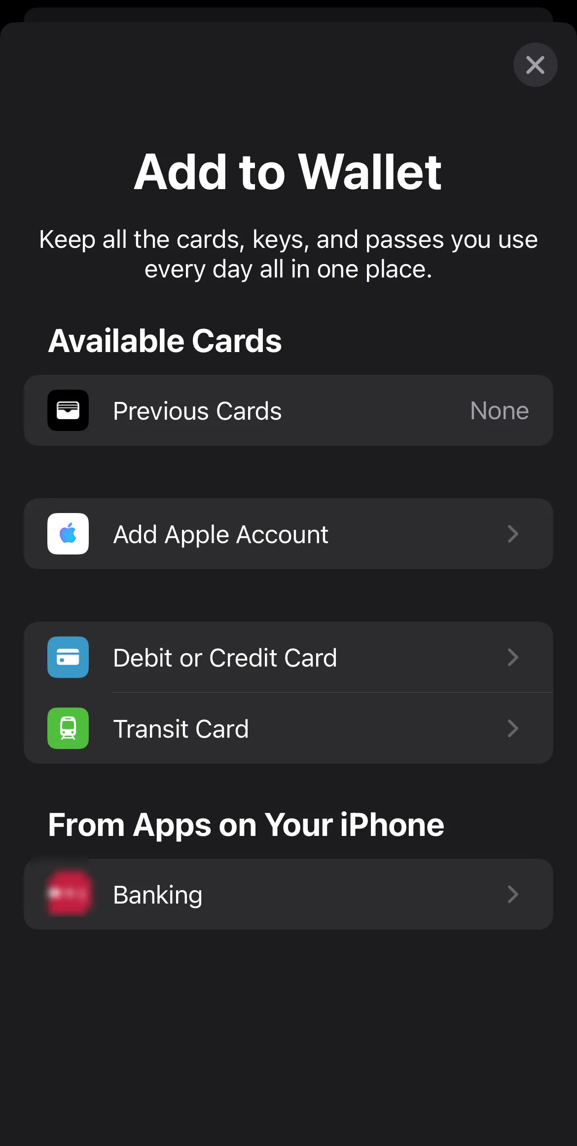 Giao diện thêm thẻ vào ứng dụng Apple Wallet trên iPhone