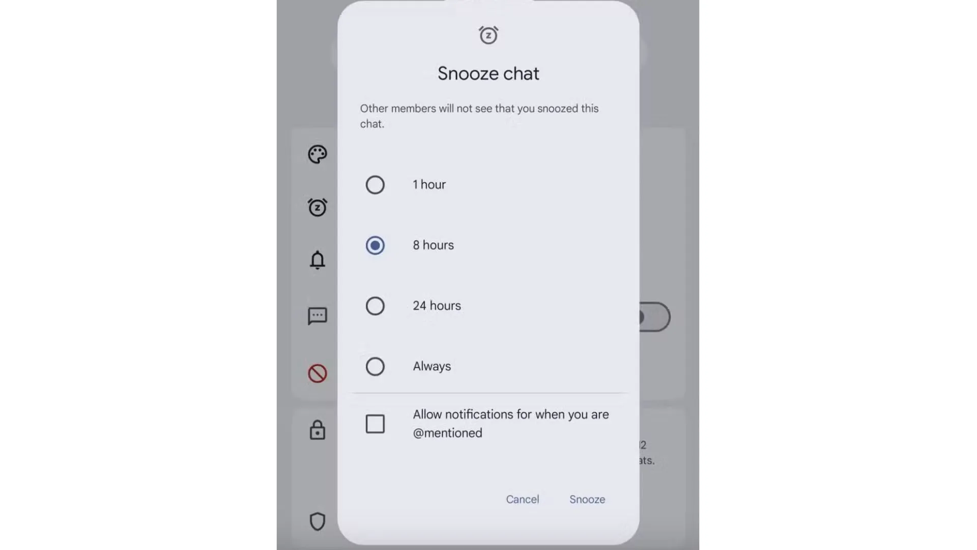 Giao diện ứng dụng Google Messages hiển thị các tùy chọn trì hoãn thông báo (snooze chat) với các mốc thời gian khác nhau