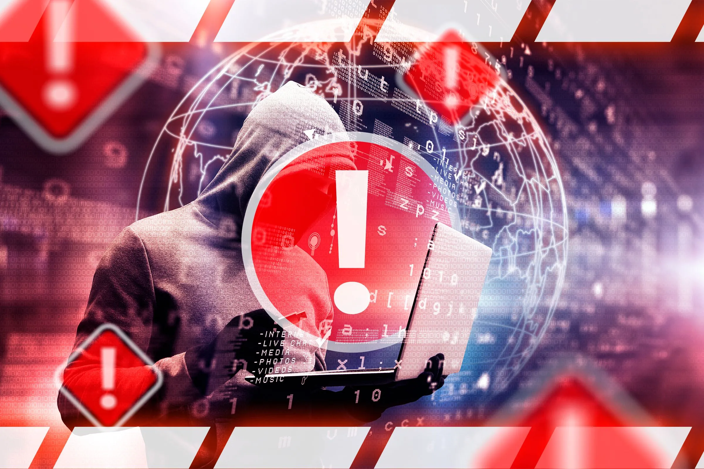 Hình ảnh hacker áo trùm trên laptop với nhiều cảnh báo, nhấn mạnh nguy cơ rò rỉ dữ liệu và lợi ích kiểm soát data khi self-host