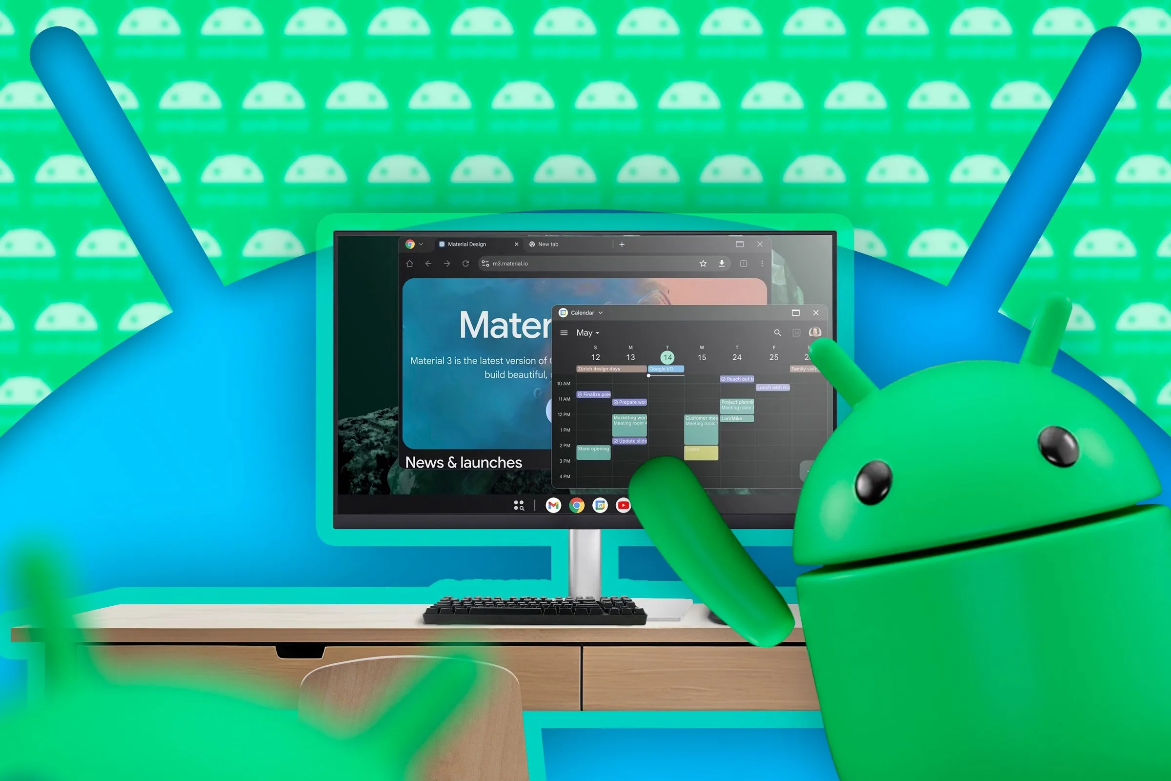 Hình ảnh mô phỏng giao diện chế độ desktop trên Android, hiển thị các ứng dụng trong cửa sổ như máy tính thông thường.