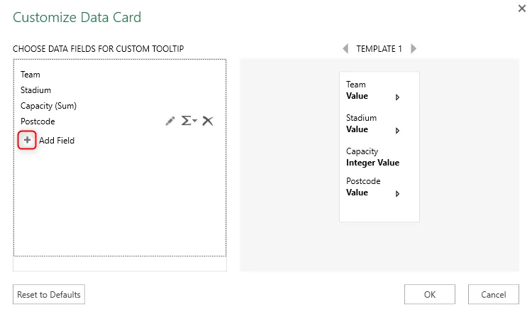 Hộp thoại Customize Data Card (Tùy chỉnh Thẻ Dữ liệu) trong cửa sổ 3D Map của Excel, cho phép người dùng thêm, xóa và sắp xếp các trường thông tin hiển thị trong thẻ dữ liệu khi di chuột qua điểm trên bản đồ.