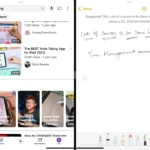 iPad hiển thị chế độ Split View với ứng dụng YouTube và Ghi chú đặt cạnh nhau.
