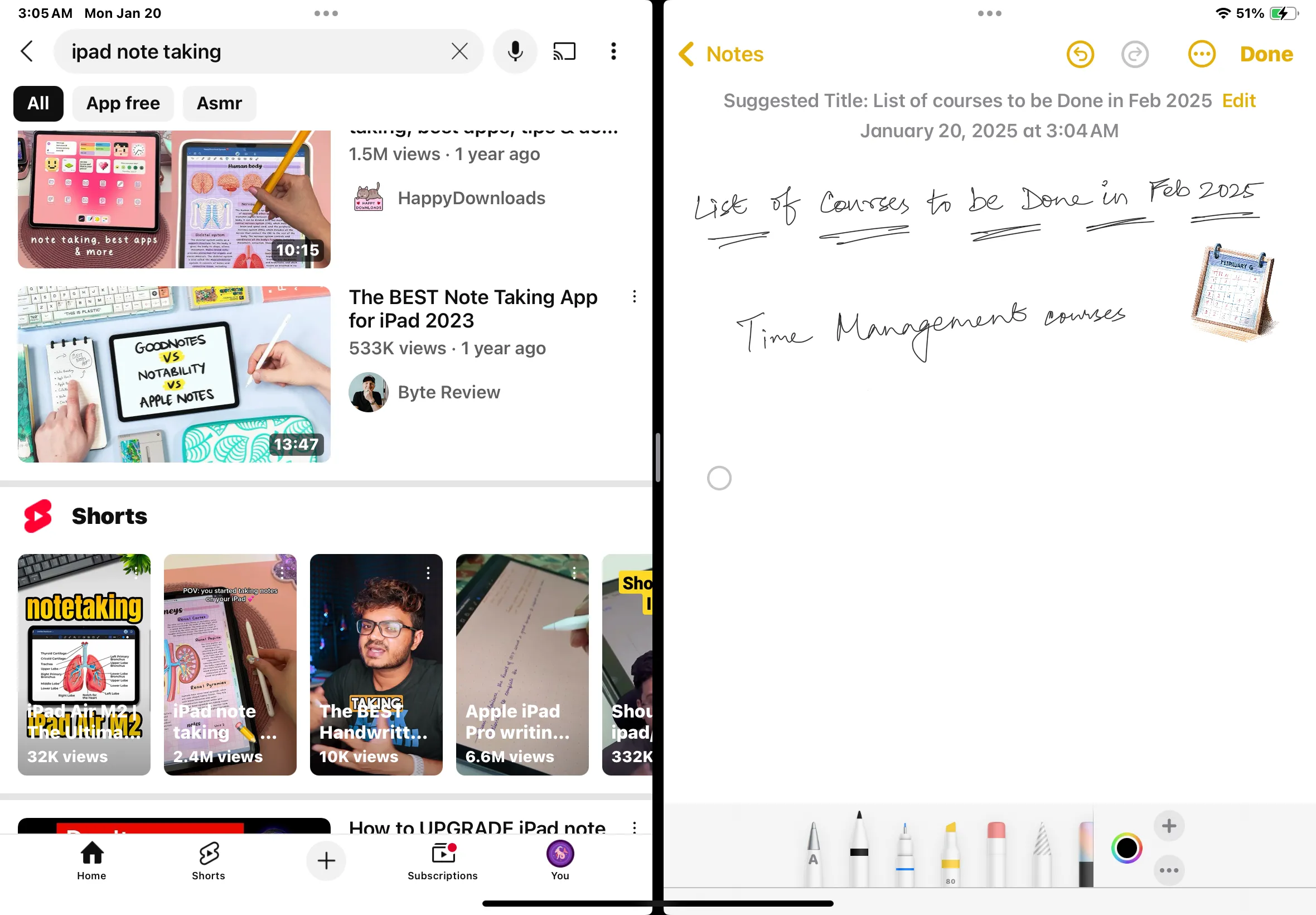 iPad hiển thị chế độ Split View với ứng dụng YouTube và Ghi chú đặt cạnh nhau.