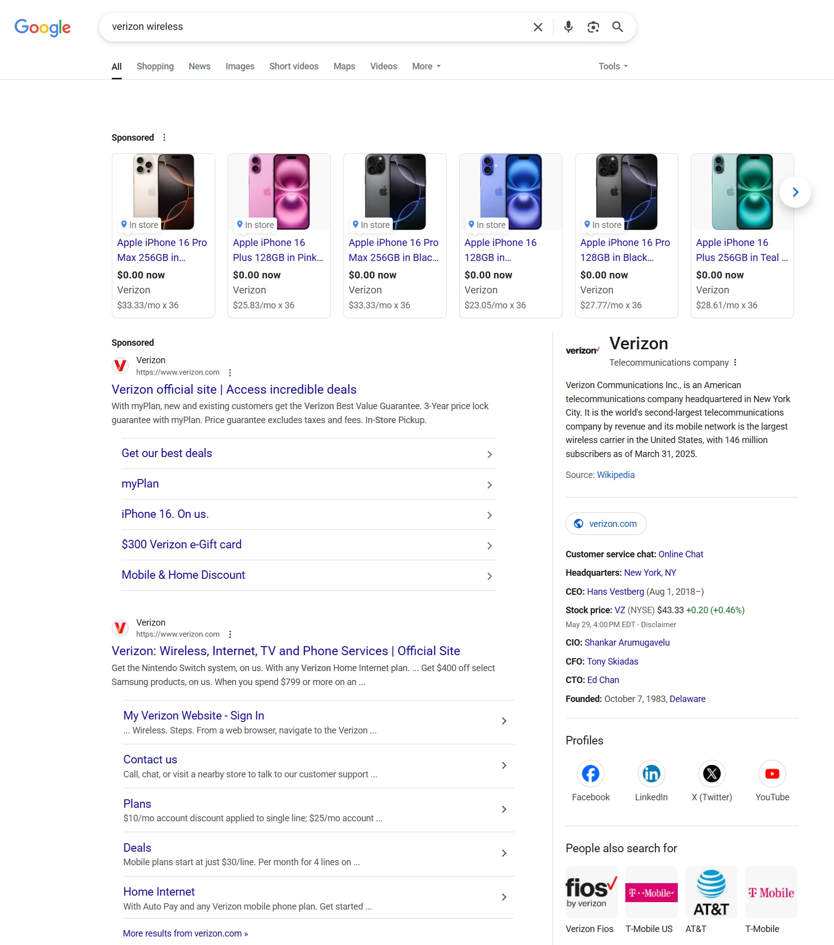 Kết quả tìm kiếm Google cho &quot;Verizon&quot; hiển thị các liên kết được tài trợ, liên quan đến sự cố Pi-hole chặn quảng cáo Google Search