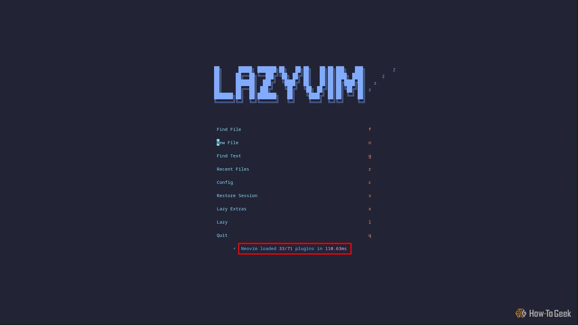 Màn hình chính mặc định của LazyVim trong Neovim hiển thị thống kê thời gian tải và số lượng gói đã tải.