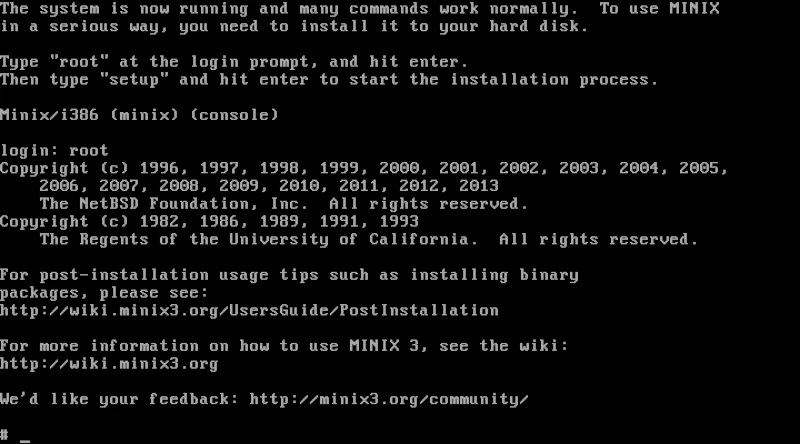 Màn hình console của hệ điều hành Minix, một ví dụ về vi nhân