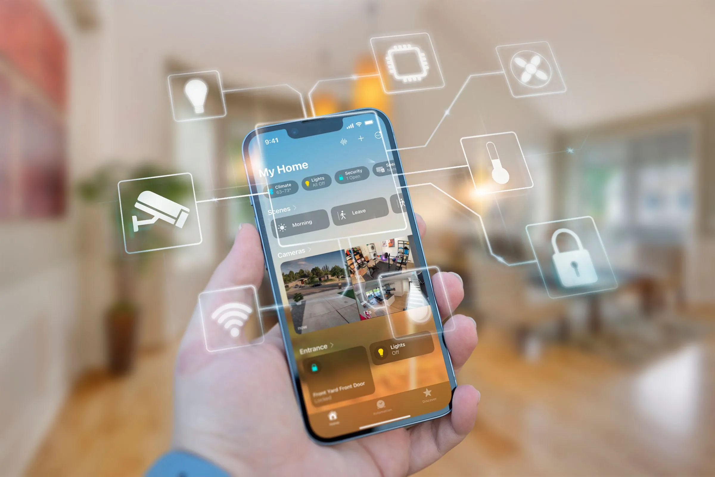Màn hình iPhone hiển thị các ngữ cảnh nhà thông minh (smart home), minh họa số lượng yêu cầu DNS từ thiết bị IoT