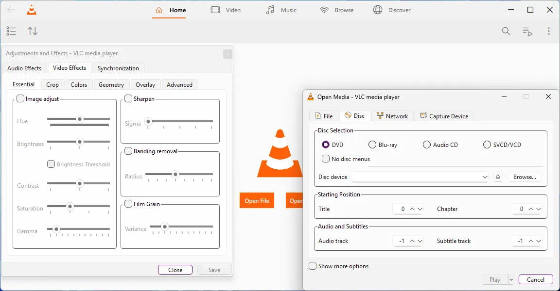 Menu tùy chọn hiệu ứng video và mở tệp trong VLC 4.0