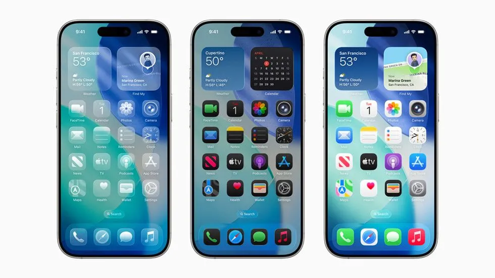 Mô tả giao diện "Liquid Glass" mới của iOS 26 với hiệu ứng kính mờ và chiều sâu trên màn hình iPhone.