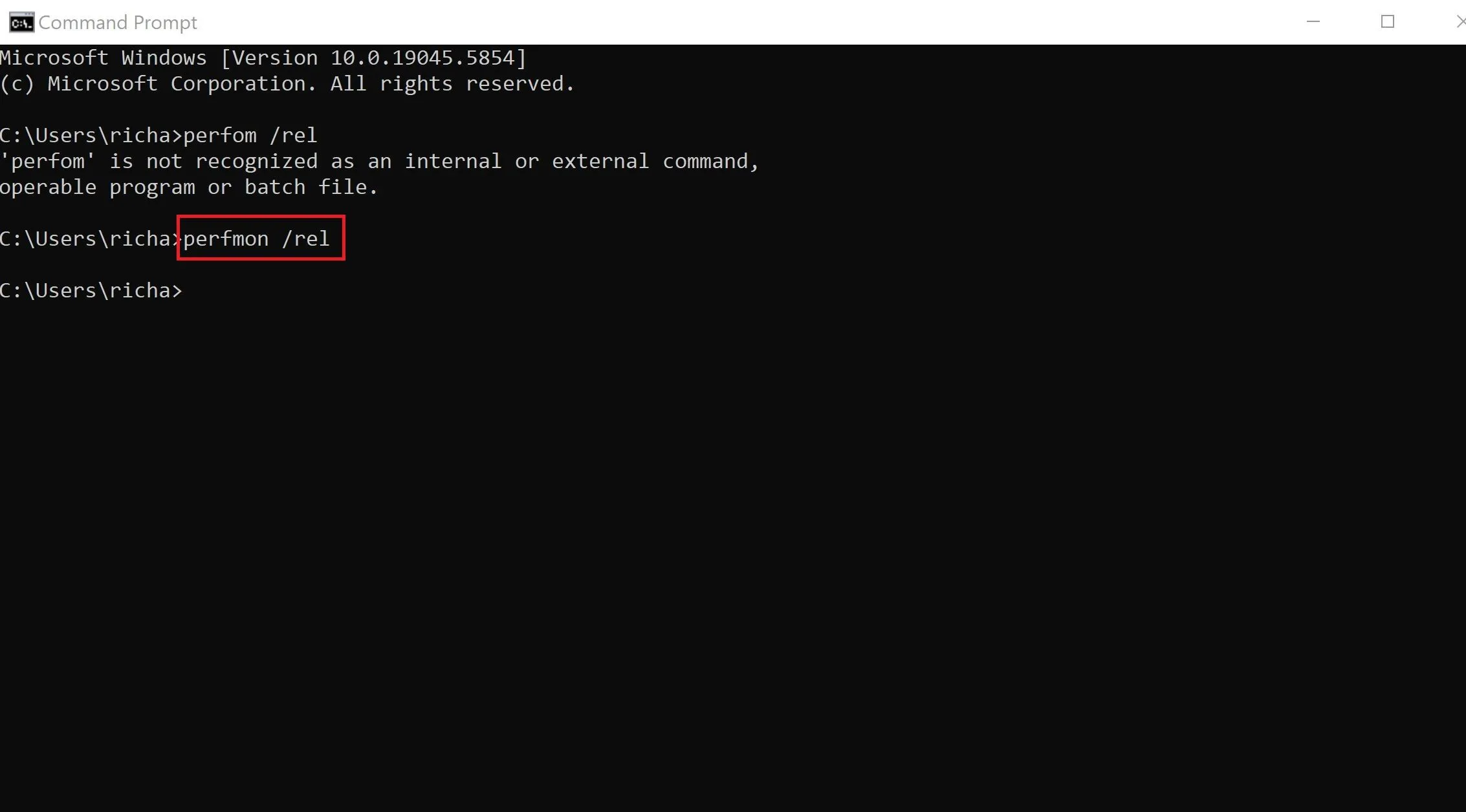 Mở Windows Reliability Monitor bằng lệnh 'perfmon /rel' trong cửa sổ Command Prompt.