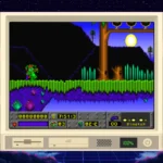Một cảnh game Jazz Jackrabbit đang chạy trên iDOS 3, với đồ họa pixel và nền phong cách synthwave thập niên 80.