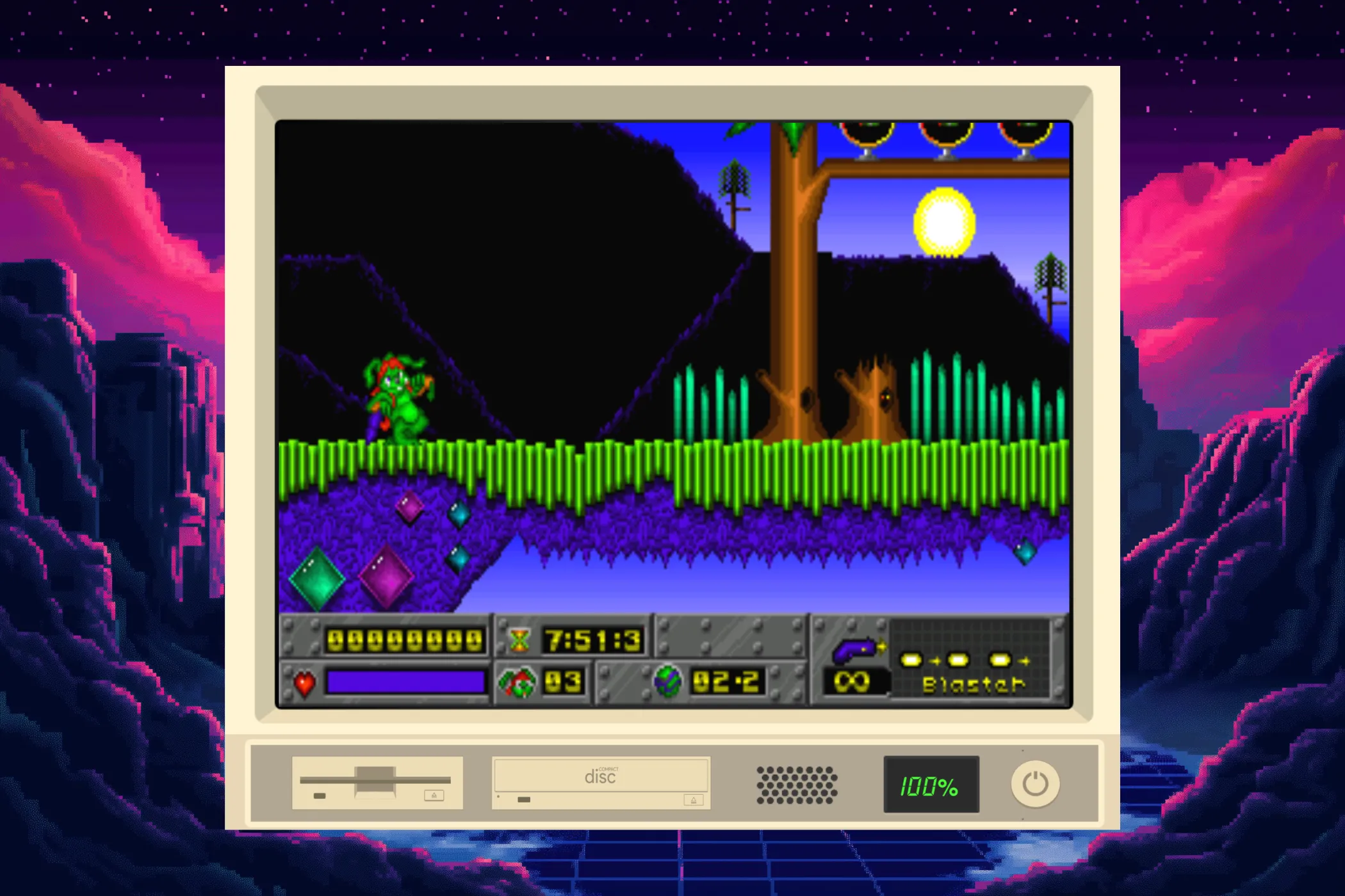 Một cảnh game Jazz Jackrabbit đang chạy trên iDOS 3, với đồ họa pixel và nền phong cách synthwave thập niên 80.