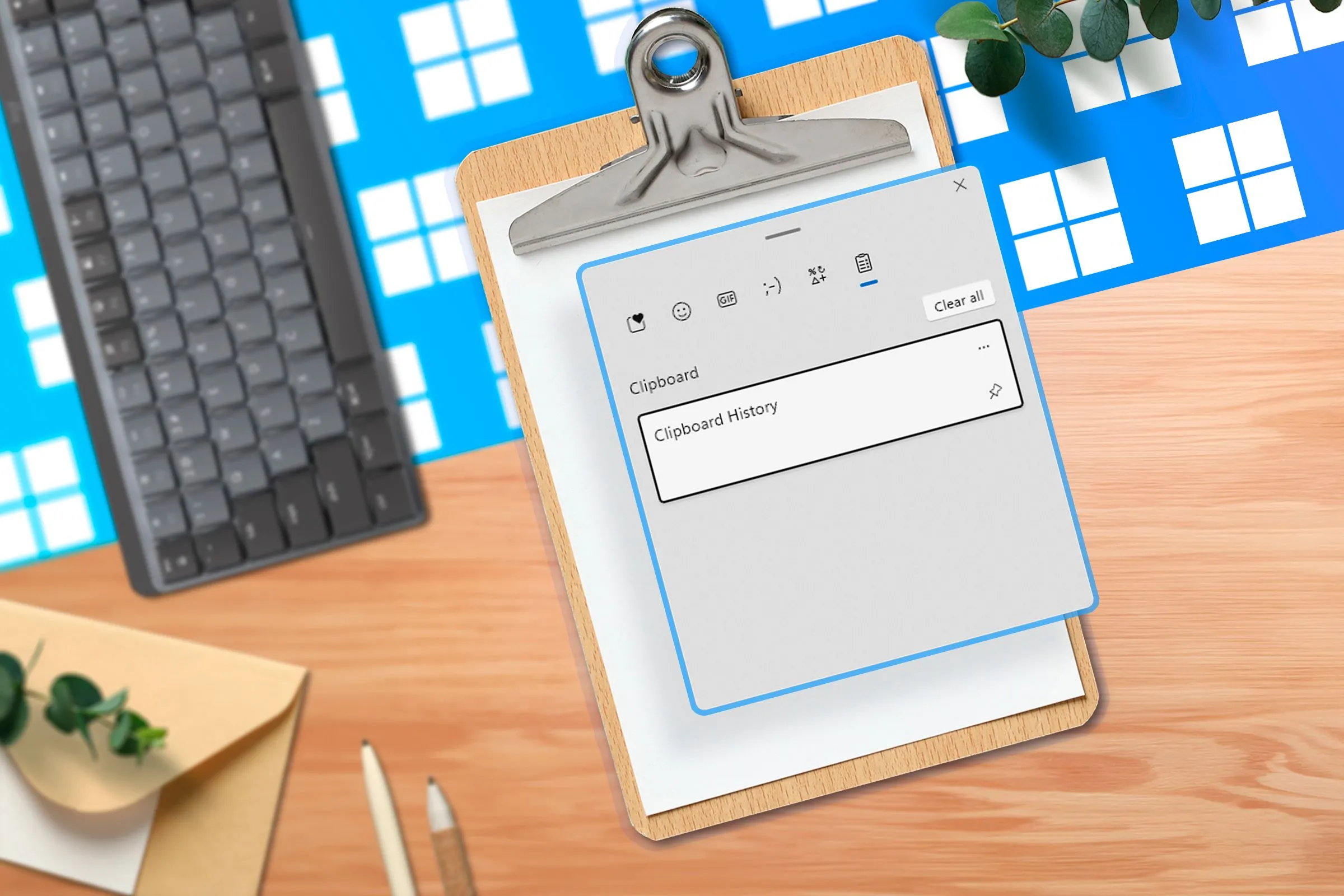 Một clipboard ảo hiển thị ảnh chụp màn hình lịch sử clipboard trên bàn làm việc, bên cạnh là bàn phím và các logo Windows ở phía sau, gợi ý cách sử dụng ảnh chụp màn hình bản đồ 3D.