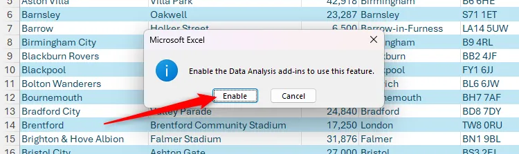 Một cửa sổ cảnh báo trong Microsoft Excel cho phép người dùng bật add-in Data Analysis để sử dụng tính năng 3D Map.