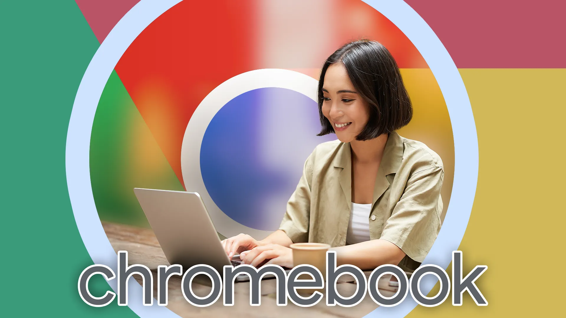 Một người phụ nữ đang sử dụng laptop trong quán cà phê, với logo Chrome làm mờ ở phía sau.