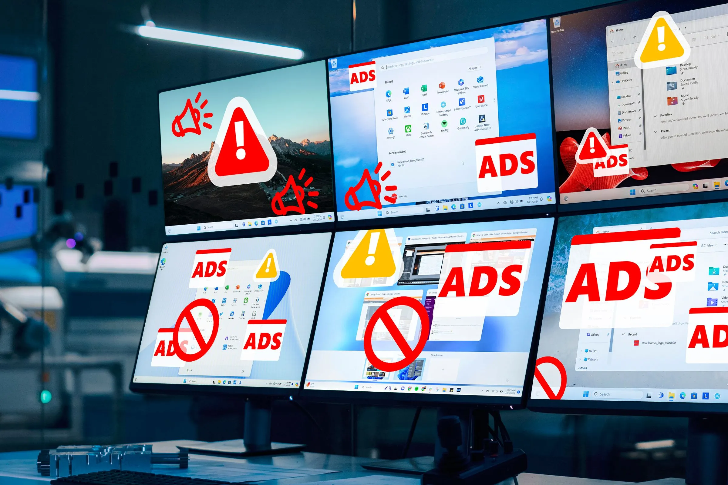 Một phòng điều khiển hiển thị nhiều màn hình Windows 11 với các quảng cáo xâm nhập.