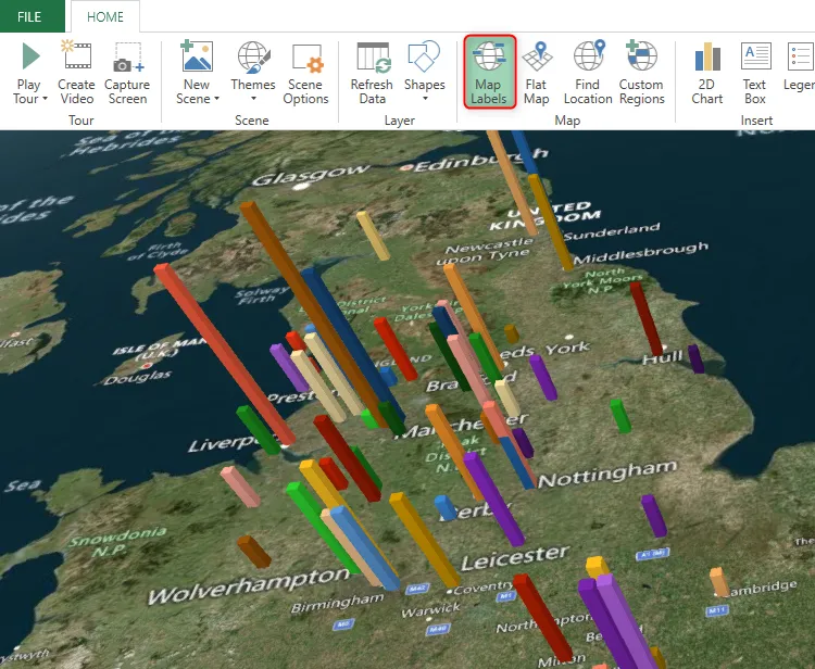 Nhãn Bản đồ được kích hoạt trong công cụ 3D Map của Excel, hiển thị tên các địa điểm trên bản đồ để giúp người xem định vị và hiểu ngữ cảnh dữ liệu dễ dàng hơn.