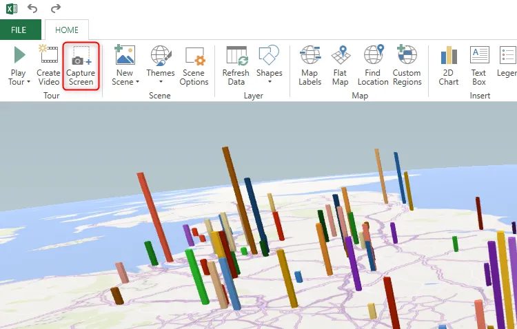 Nút Capture Screen (Chụp Màn hình) được chọn trong cửa sổ 3D Map của Excel, cho phép người dùng lưu lại hình ảnh bản đồ 3D đang hiển thị.