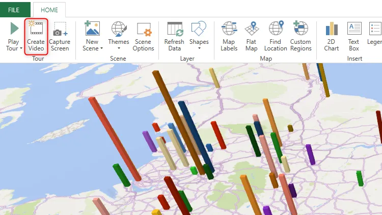 Nút Create Video (Tạo Video) được chọn trong cửa sổ 3D Map của Excel, cho phép người dùng tạo video từ các &quot;cảnh&quot; đã thiết lập trong Tour Editor, biểu diễn sự thay đổi dữ liệu theo thời gian hoặc các góc nhìn khác nhau.