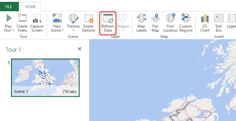 Nút Refresh Data được chọn trong cửa sổ 3D Map của Excel, dùng để cập nhật dữ liệu trên bản đồ sau khi có chỉnh sửa ở bảng tính gốc.