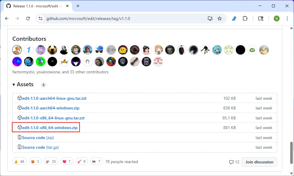 Tệp ZIP của Microsoft Edit trên trang GitHub.