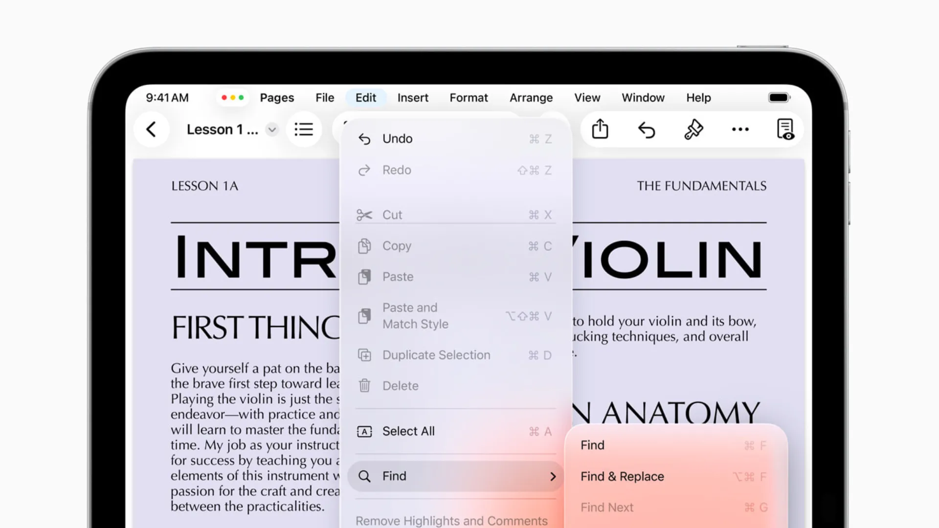 Thanh menu thả xuống mới trong ứng dụng Pages trên iPadOS 26, tương tự macOS