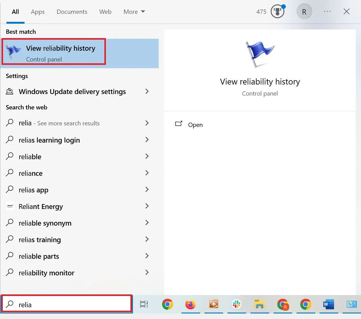 Tìm kiếm 'reliability' trong ô tìm kiếm của Start Menu Windows để mở Reliability Monitor.