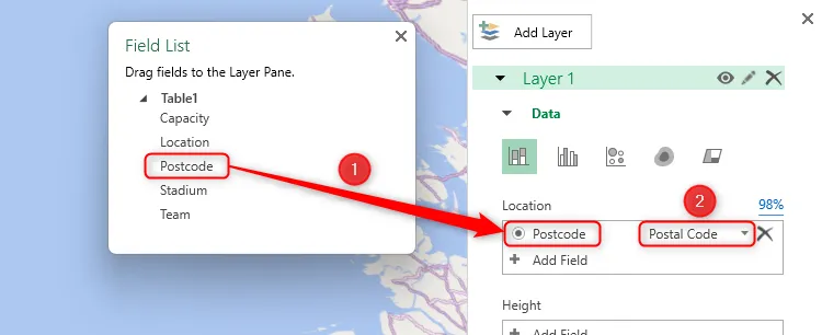 Trường Postcode trong Field List của Excel được kéo vào trường Location trong Layer Pane của cửa sổ 3D Map và chọn Postal Code trong menu thả xuống để liên kết dữ liệu mã bưu chính với vị trí trên bản đồ.