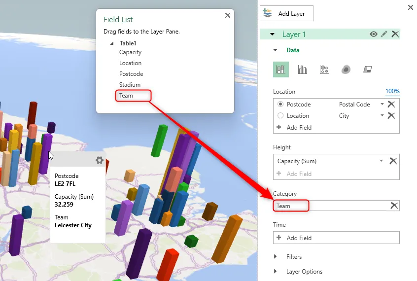Trường Team (đội) được thêm vào phần Category của Layer Pane trong cửa sổ 3D Map của Excel và nhãn dữ liệu trên bản đồ được hiển thị, phân biệt các điểm dữ liệu bằng màu sắc dựa trên tên đội.