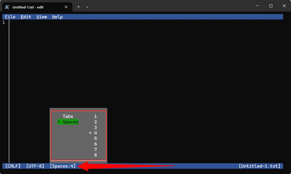 Tùy chọn chọn giữa space và tab trong Microsoft Edit.